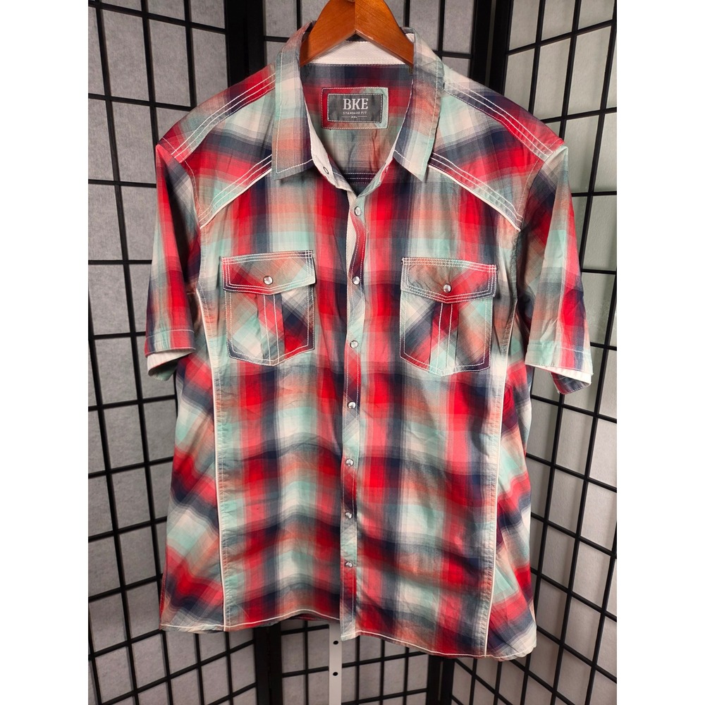 BKE Mens XXL Red Teal Plaid Pearl Snap Short Sleeve Western Shirt Standard Fit